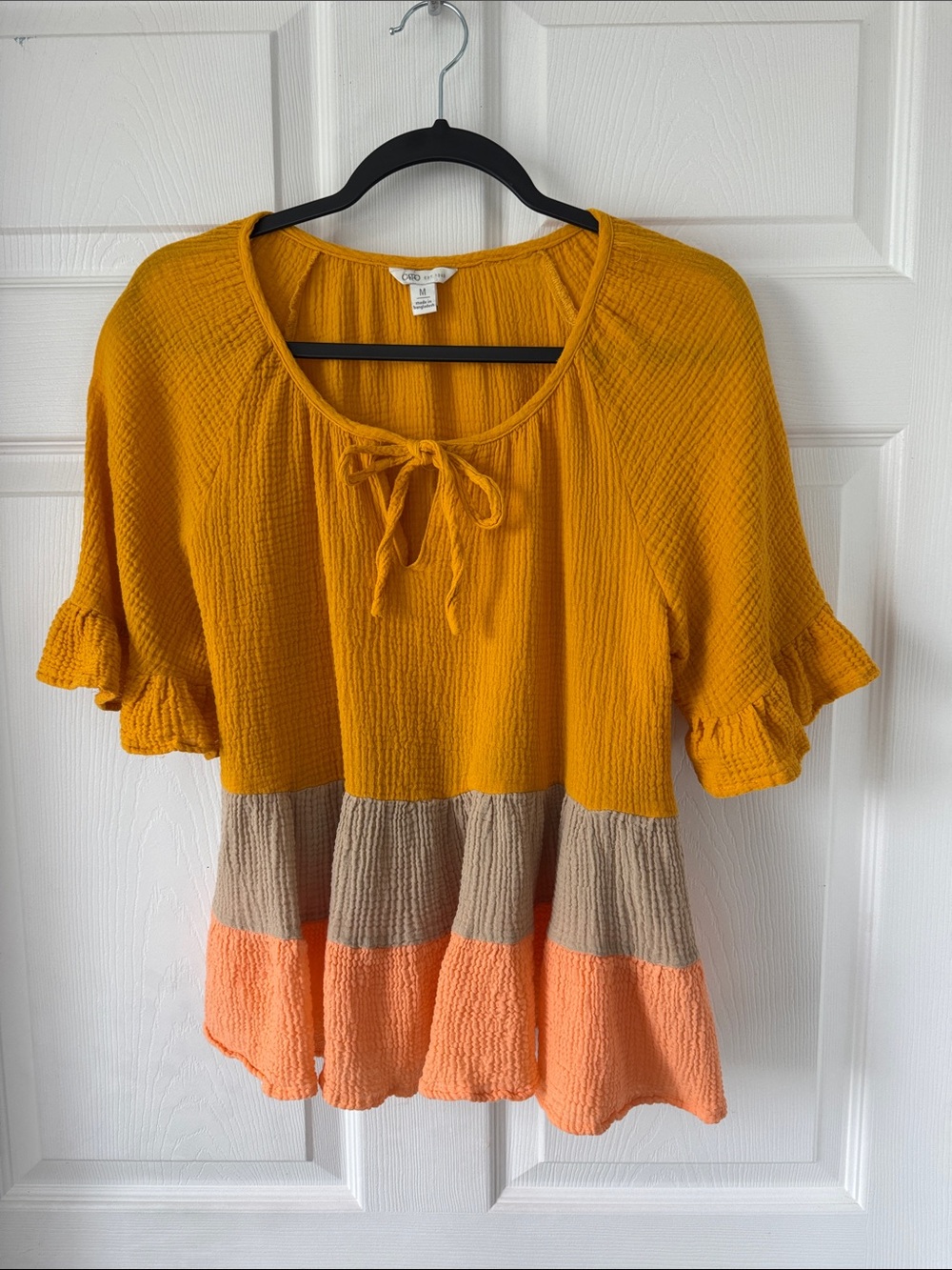 Cato Mustard Colorblock Tie-Neck Ruffle Sleeve Tunic